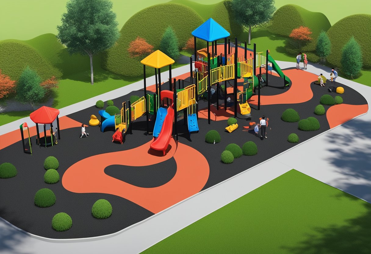 Vibrant rubber mulch in red, green, and black spread across a playground surface, contrasting against the surrounding grass and creating a colorful and safe play area