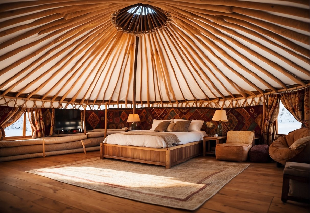 A 30-foot yurt, with a diameter of 30 feet, has a total area of 706.86 square feet. The interior is spacious, with a central support pole and a lattice wall. The roof is covered with felt or canvas