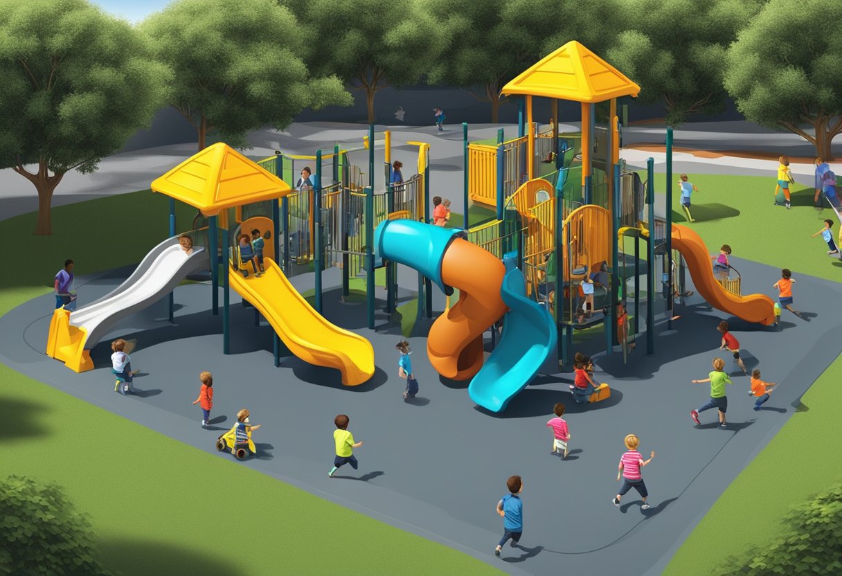 A playground with vibrant rubber mulch in various colors, surrounded by children playing. Considerations such as safety, durability, and environmental impact are highlighted in the scene