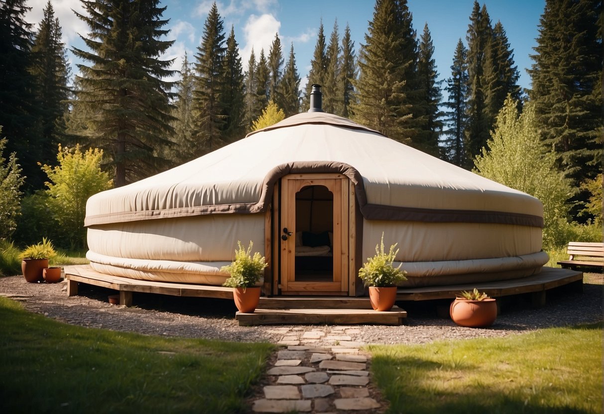 A 30-foot yurt stands in a serene setting, surrounded by nature. The spacious interior is filled with warm light, creating a cozy and inviting atmosphere