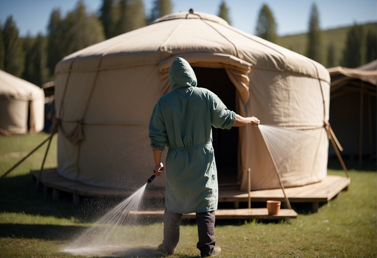 A person sprays water on yurt canvas, scrubs with a brush, then rinses and air dries it