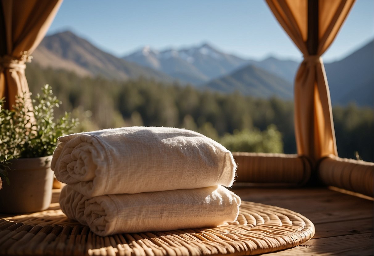 Canvas draped over yurt frame, soap and water nearby, scrub brush in hand, sun shining down