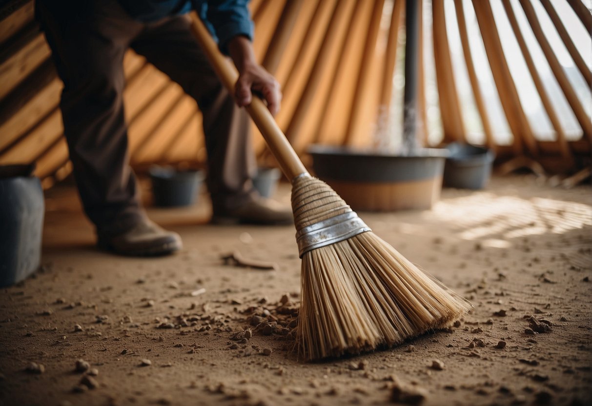 A person using a soft brush to sweep away dirt and debris from the yurt canvas. They carefully inspect for any tears or damage, patching and waterproofing as needed