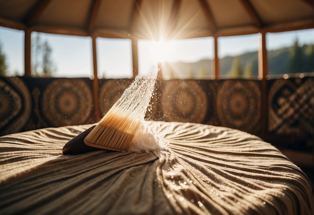 A yurt canvas being scrubbed with a brush and soap, water splashing, and sunlight streaming through the fabric