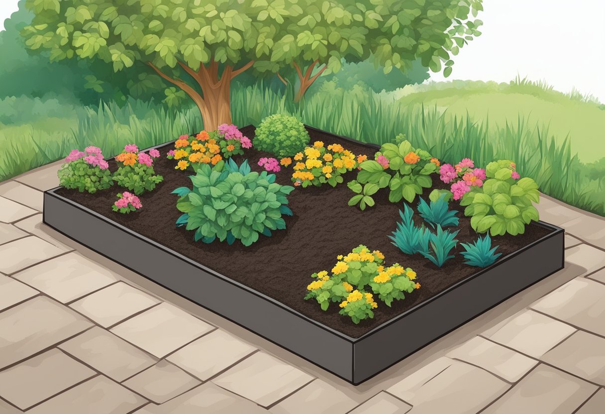 A garden bed with a layer of permanent mulch, made of recycled rubber or plastic, covering the soil and preventing weed growth
