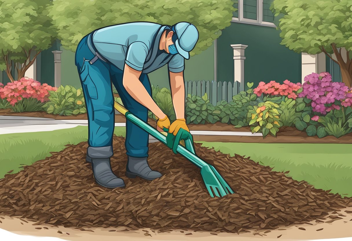 A gardener lays down layers of mulch, securing with stakes