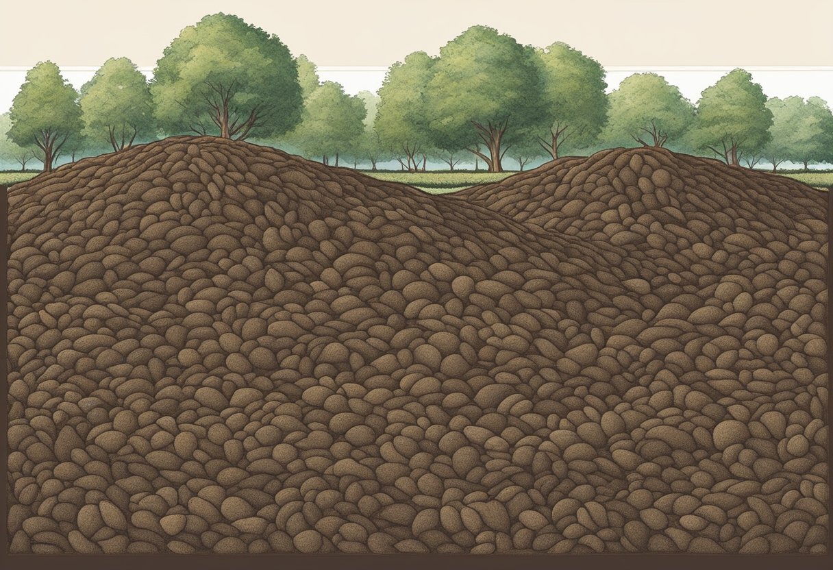 Pecan shell mulch covers soil with a dark brown, textured layer. It forms small mounds and blends with the ground, creating a natural, earthy appearance