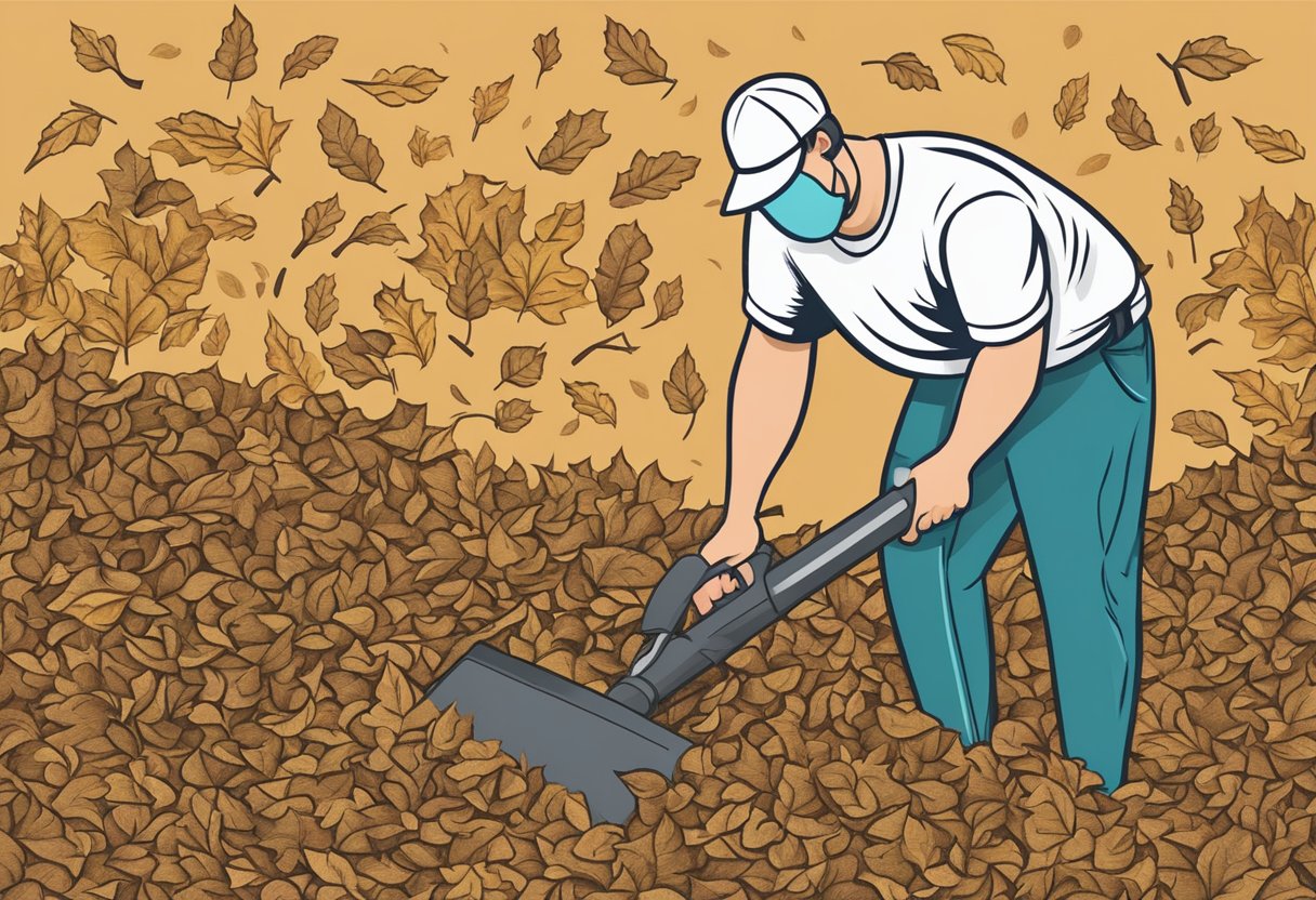 Rake through mulch to separate leaves. Sweep leaves into a pile. Use a leaf blower to remove leaves from mulch
