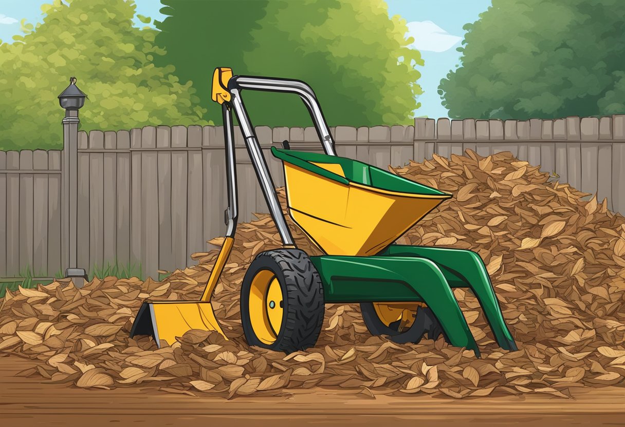 A rake and leaf blower sit next to a pile of mulch. A wheelbarrow is nearby, ready to transport the leaves once they are removed