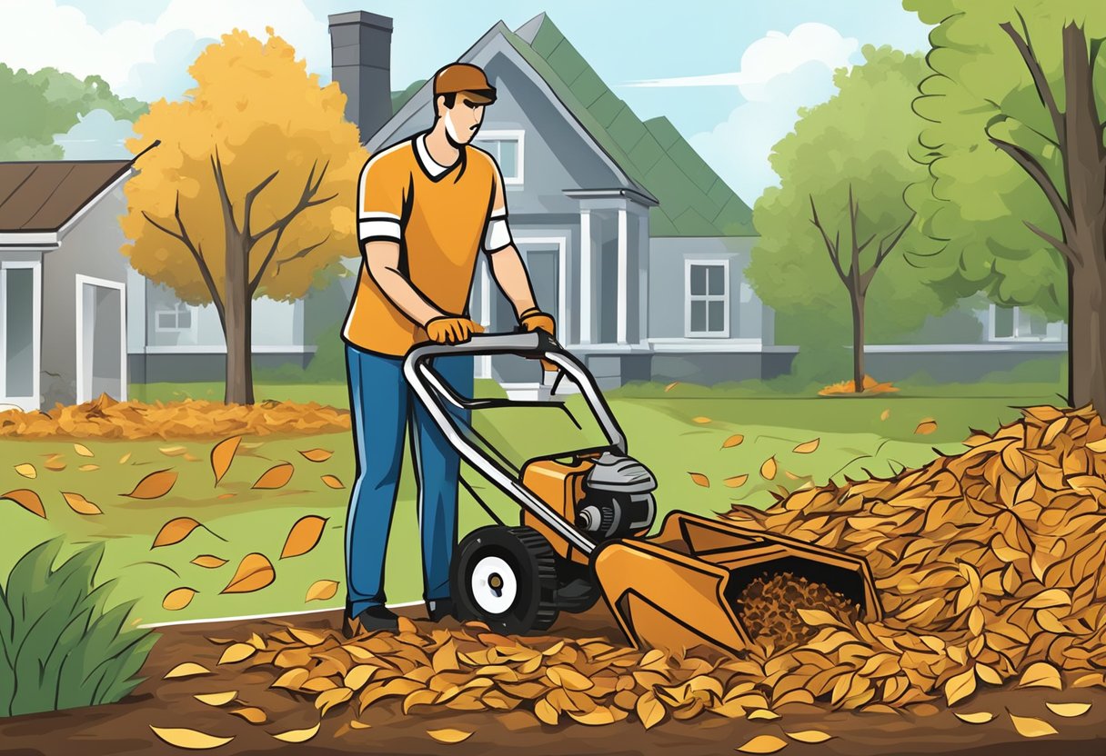 A rake pulls leaves from mulch, creating a neat pile. A leaf blower blows leaves away from the mulch