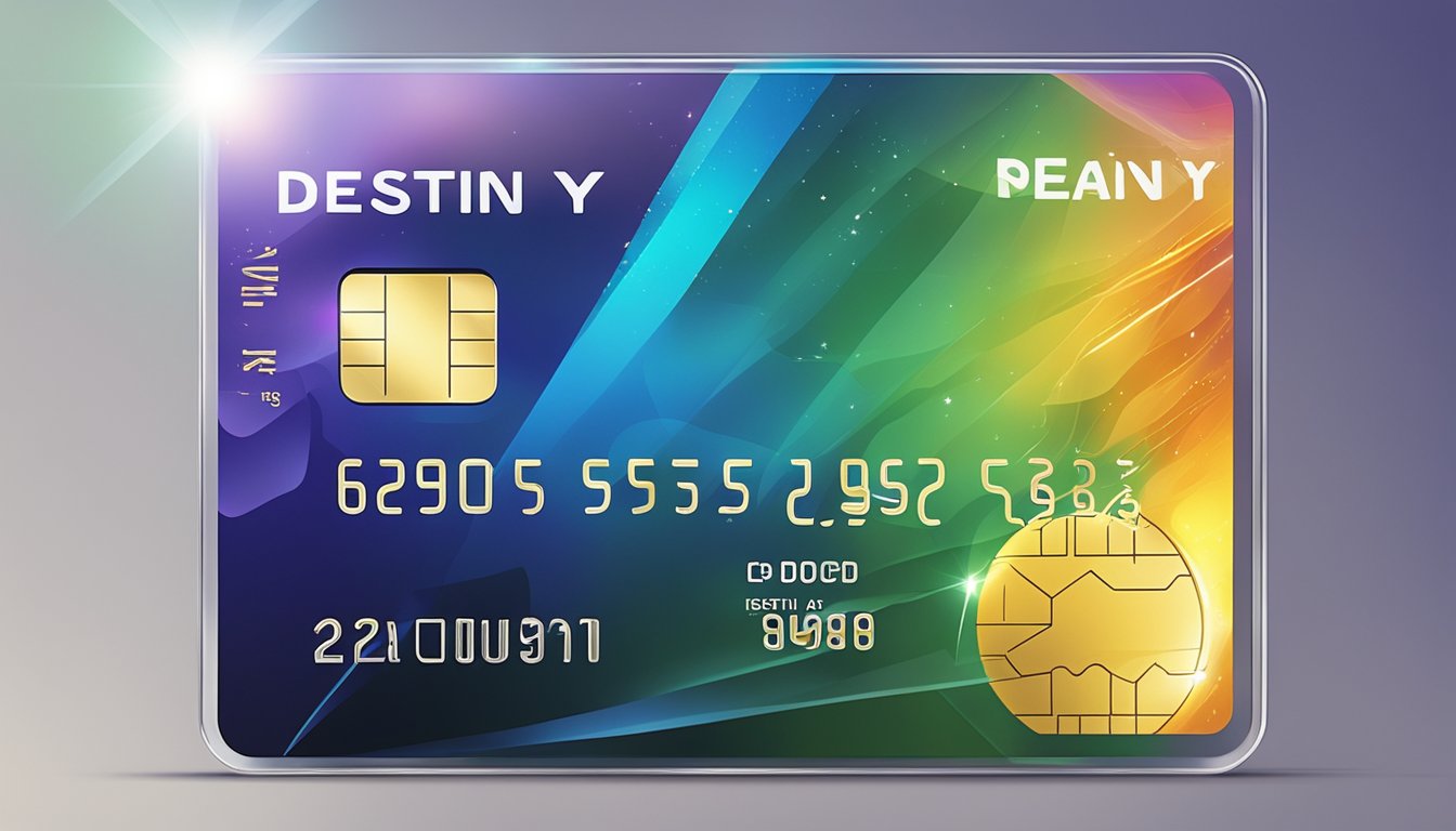 A shiny credit card with the name "Destiny" in bold letters, surrounded by colorful financial symbols and a glowing aura
