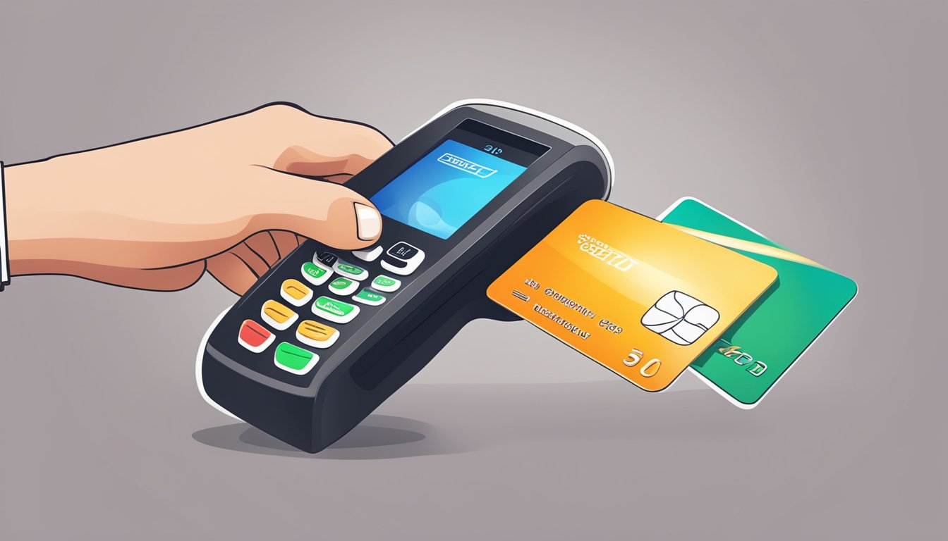 A hand swipes a Destiny Credit Card through a payment terminal, with a glowing logo in the background