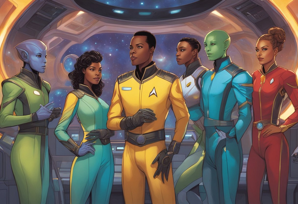 A group of diverse alien species stand in front of a futuristic control panel, each wearing Starfleet uniforms. They are engaged in a lively conversation, with a sense of camaraderie and purpose