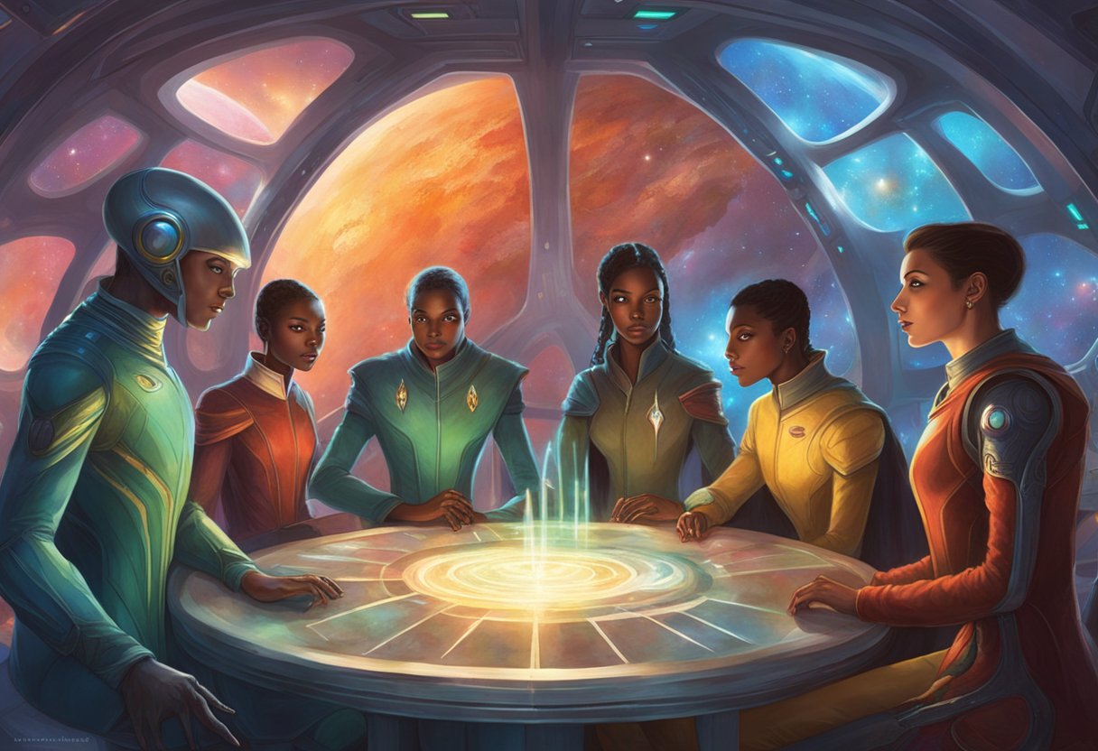 A group of diverse alien beings gathered around a futuristic quiz console, eagerly answering questions to determine their Star Trek character counterpart