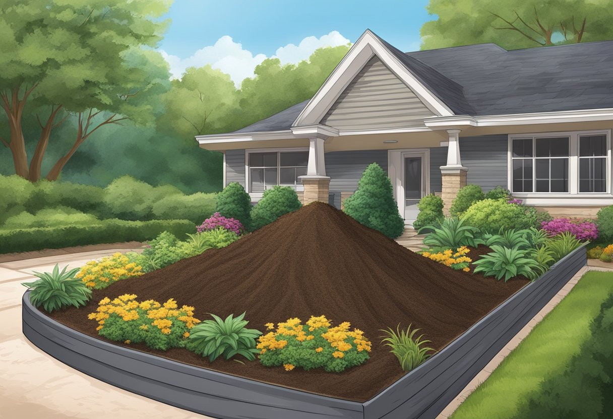 A pile of mulch is spread around potted plants, creating a neat and tidy appearance while providing essential nutrients and moisture retention for the plants