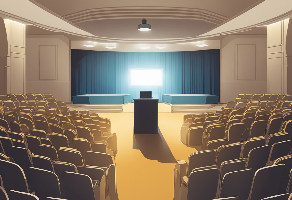 A group of 15 podiums stand in a large auditorium, with a spotlight shining on one in the center. A banner reads "The Importance of Speakers in the Current Scenario" in bold letters