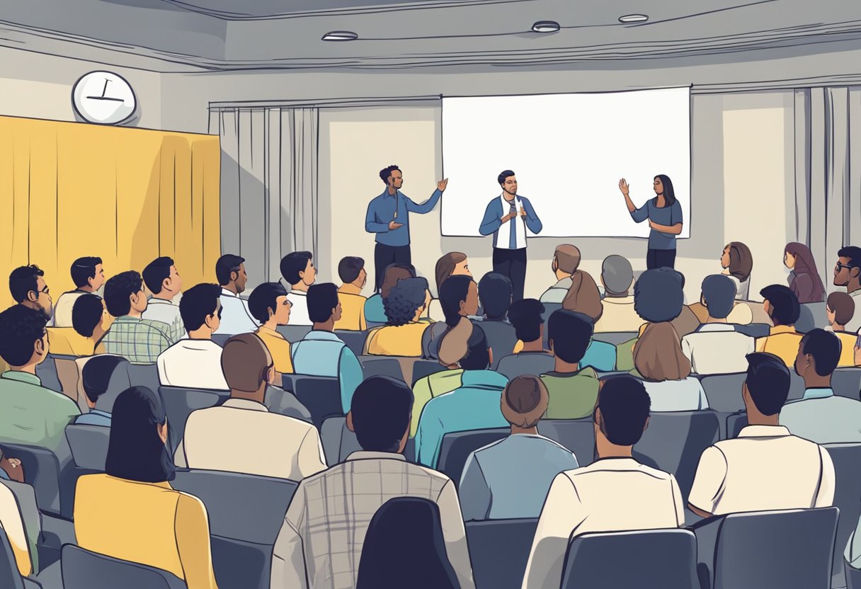 A group of people listening to a speaker on a stage, with a banner displaying "Frequently Asked Questions" and "Meet the top 15 speakers in Brazil, including Gustavo Caetano."