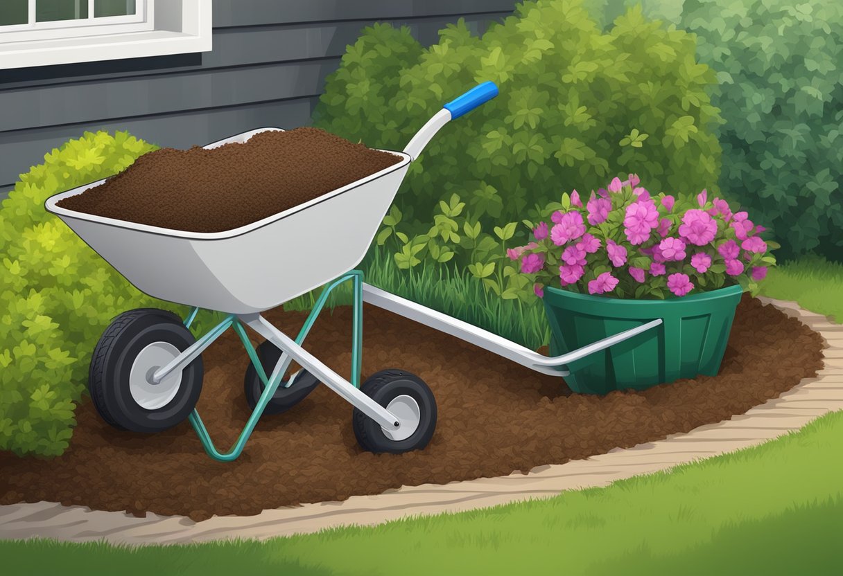A wheelbarrow filled with fresh mulch sits next to a garden bed. A shovel and rake are leaning against the bed, ready to be used for mulch replacement