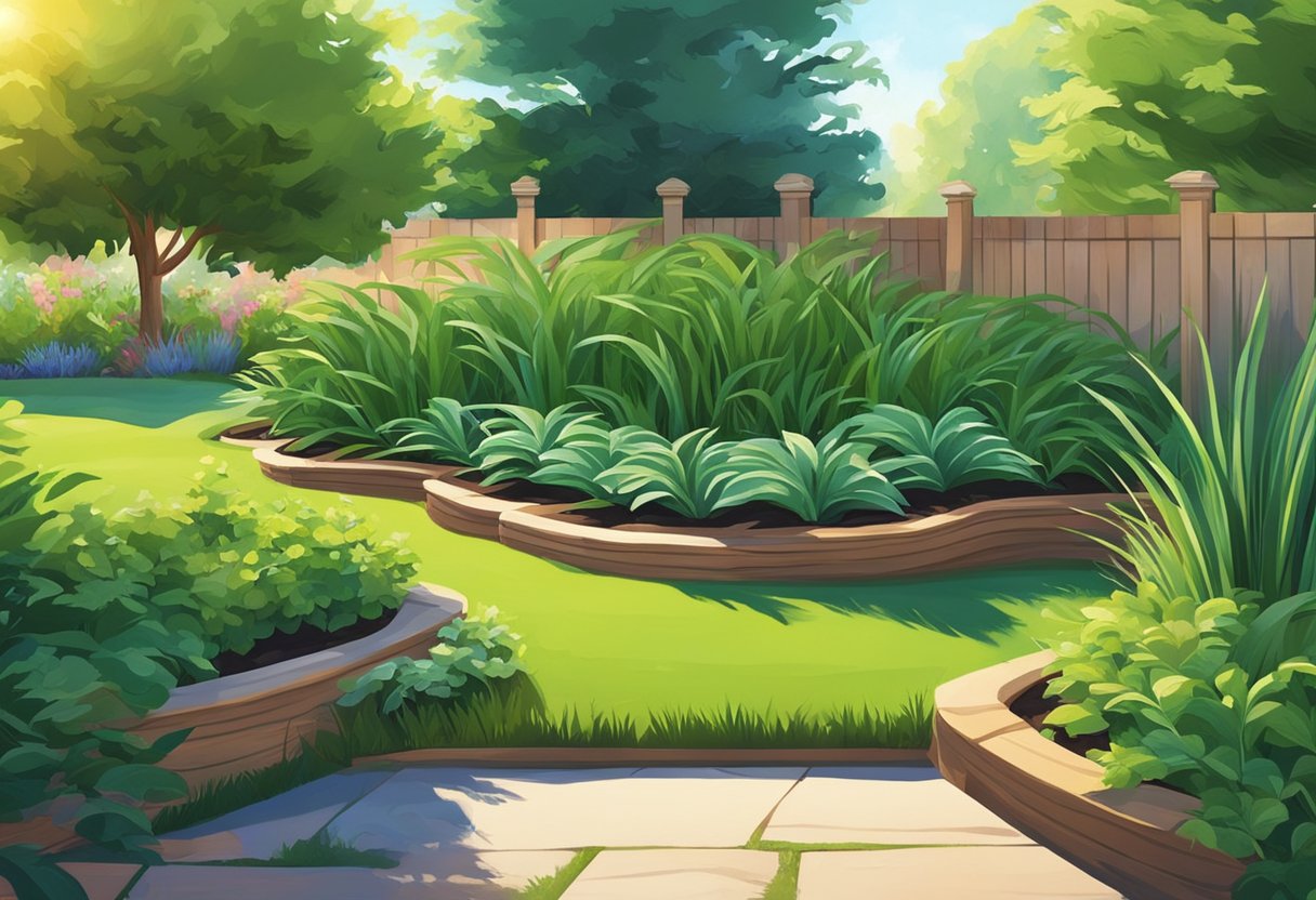 Lush green grass peeks through a layer of mulch in a well-tended garden bed. The sun shines down, casting dappled shadows on the vibrant scene