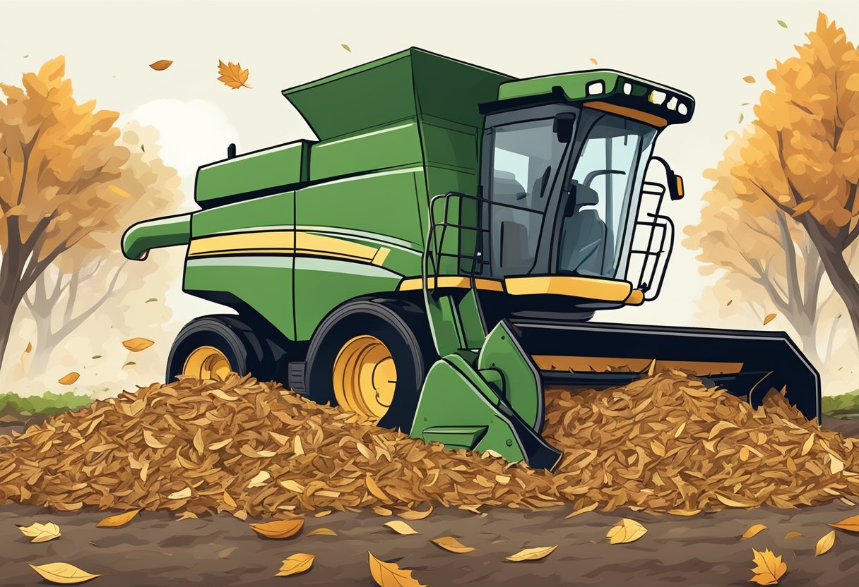 Leaves being shredded by a mulcher, forming a pile of mulch on the ground