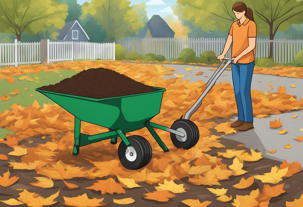 Leaves are scattered on the ground, forming a thick layer of mulch. A rake is shown mixing the leaves to create leaf mulch