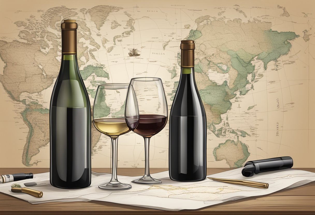 A table set with wine glasses, bottles, and tasting notes. A sommelier's tool kit nearby. A map of wine regions on the wall