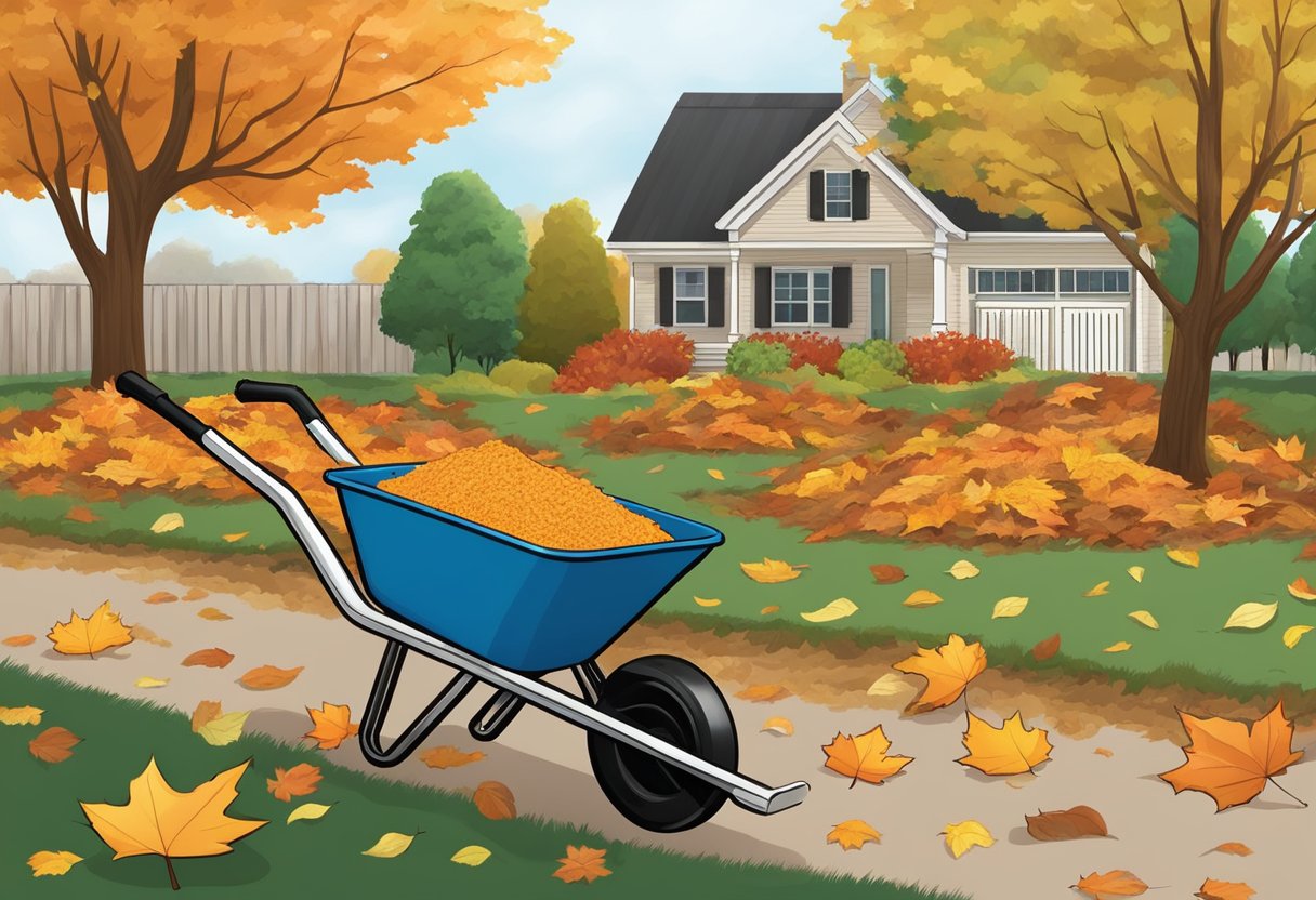 Fall leaves scattered around garden beds, a wheelbarrow filled with mulch, and a rake ready for spreading