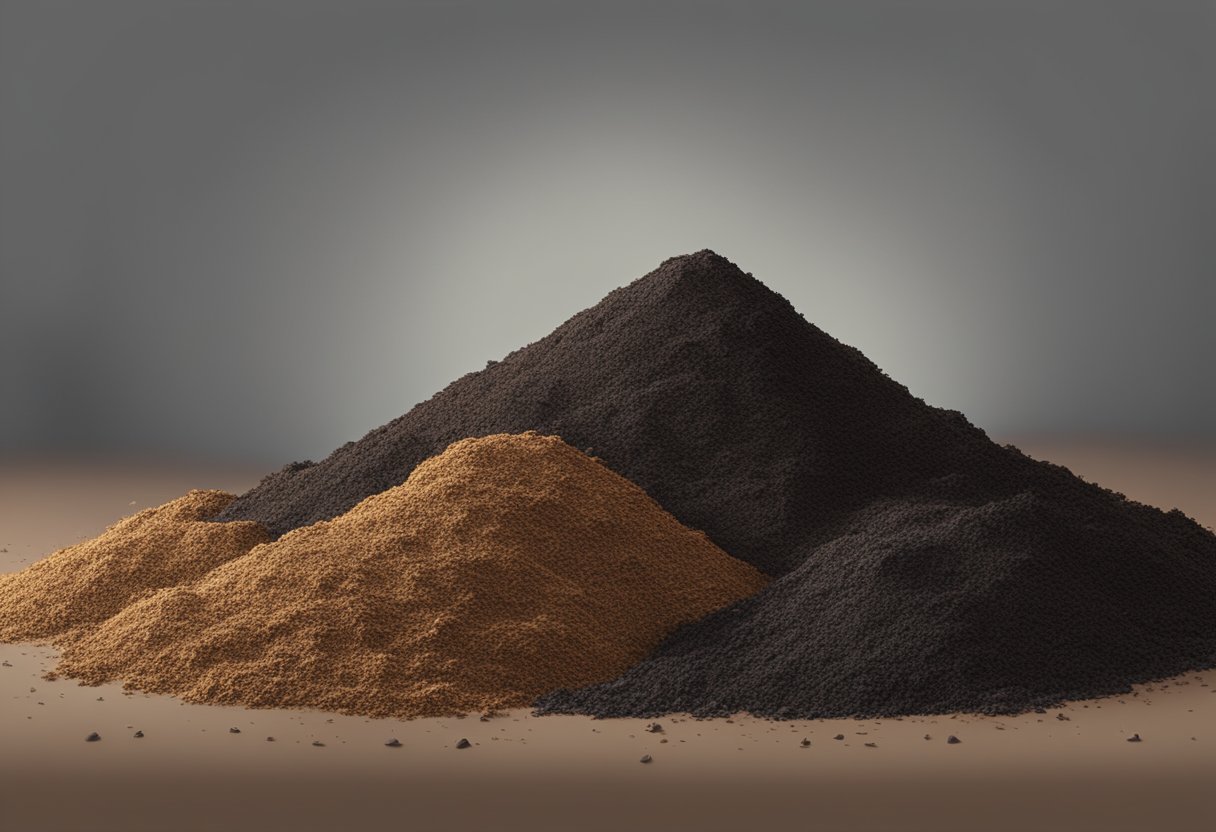 A pile of mulch and soil side by side, showing their contrasting textures and colors. The mulch is dark and chunky, while the soil is rich and fine-grained