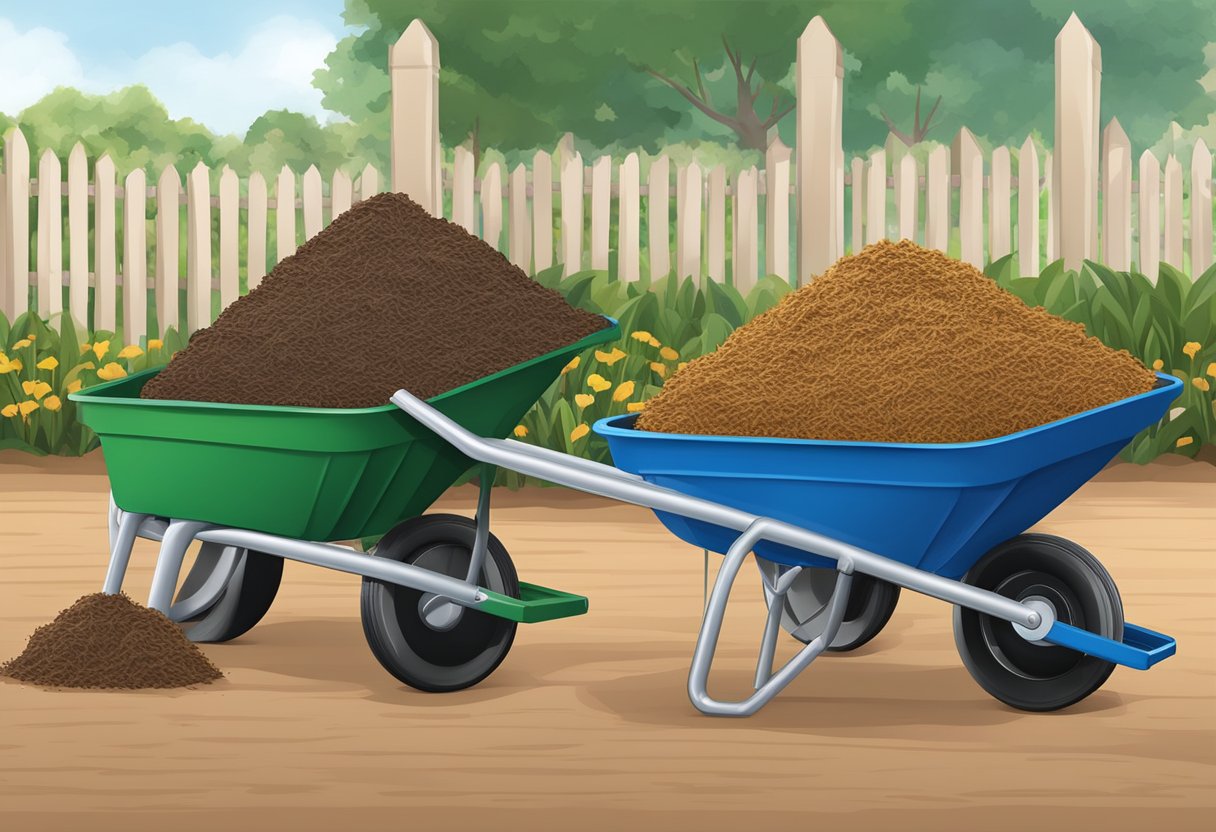 A yard of mulch fills three standard-sized wheelbarrows