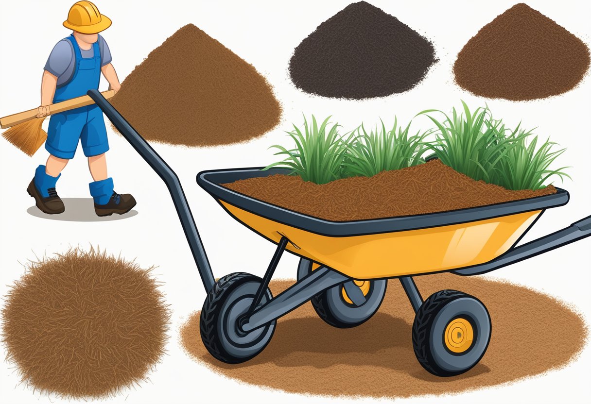 A wheelbarrow filled with mulch, next to a yardstick measuring the length, width, and depth of the mulch pile