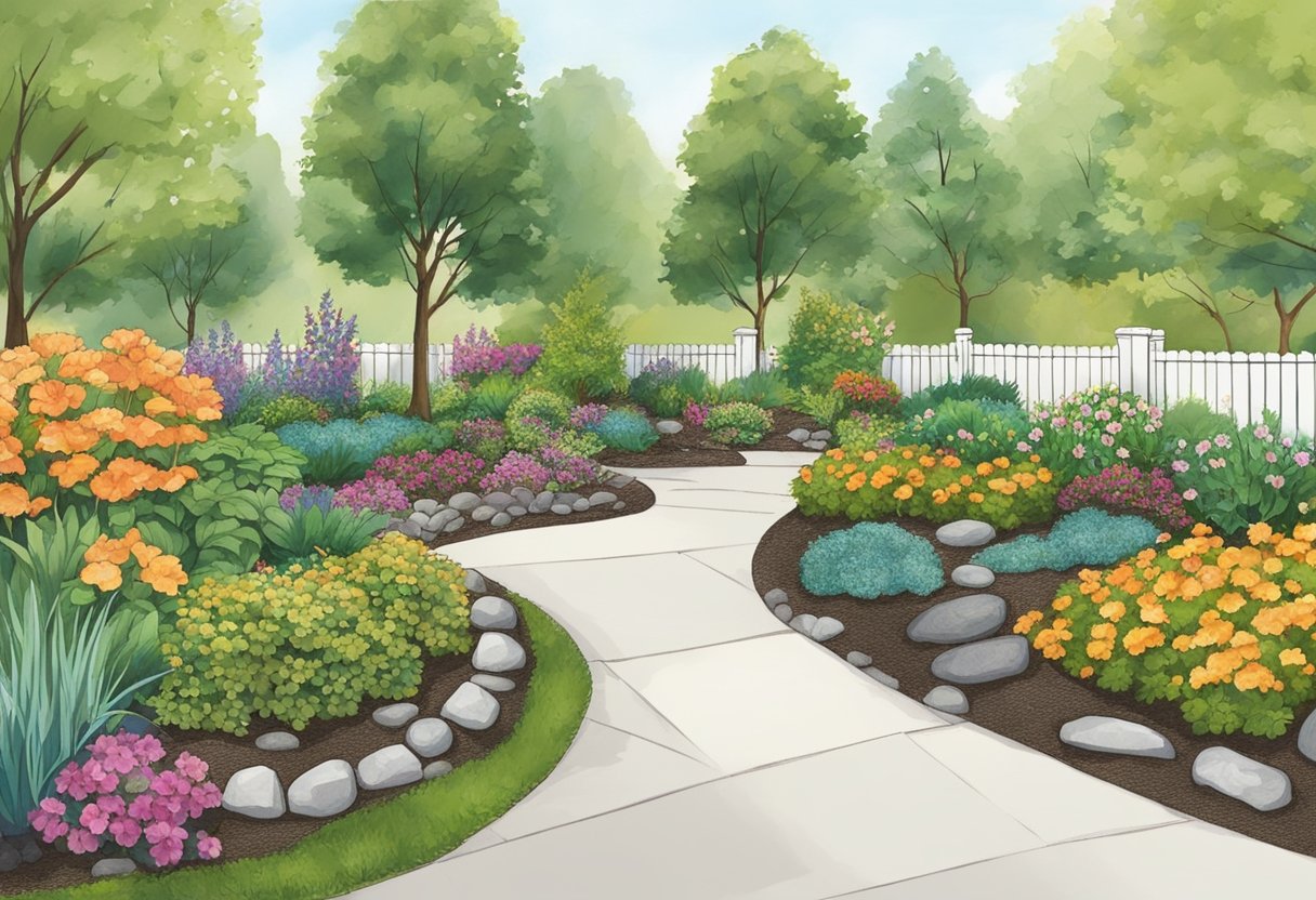 Garden beds edged with rocks, mulch spread evenly, and secured with garden fabric or edging