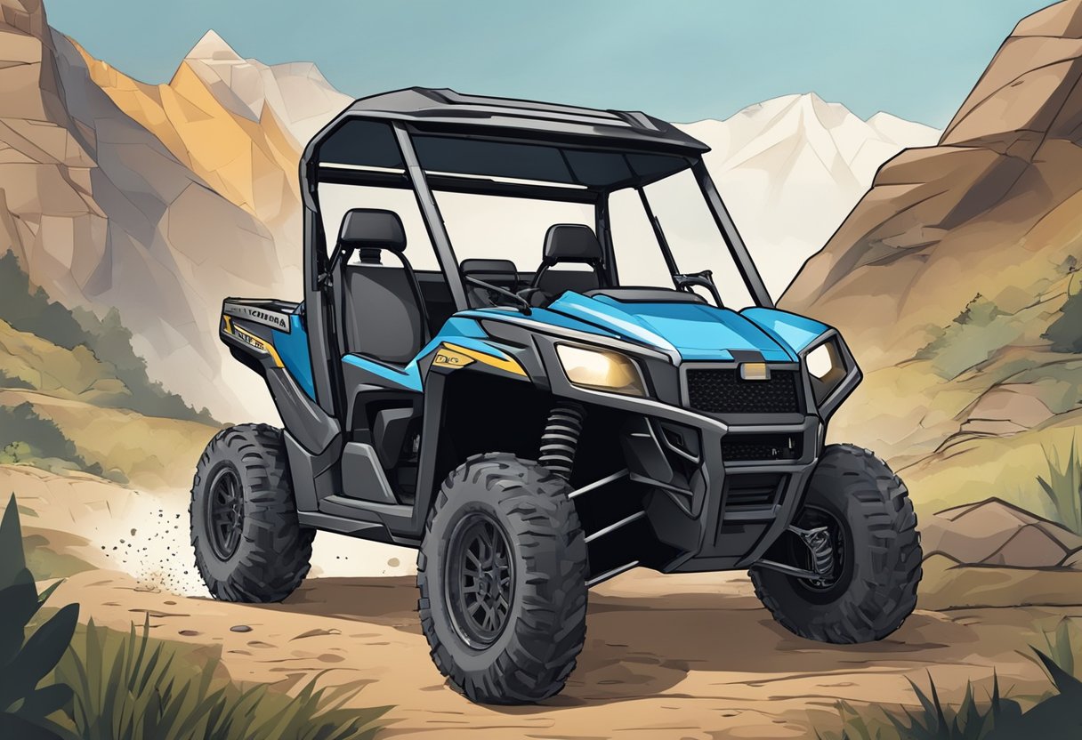 A rugged terrain with a UTV equipped with the best system 3 tires, conquering rough trails and rocky paths with ease