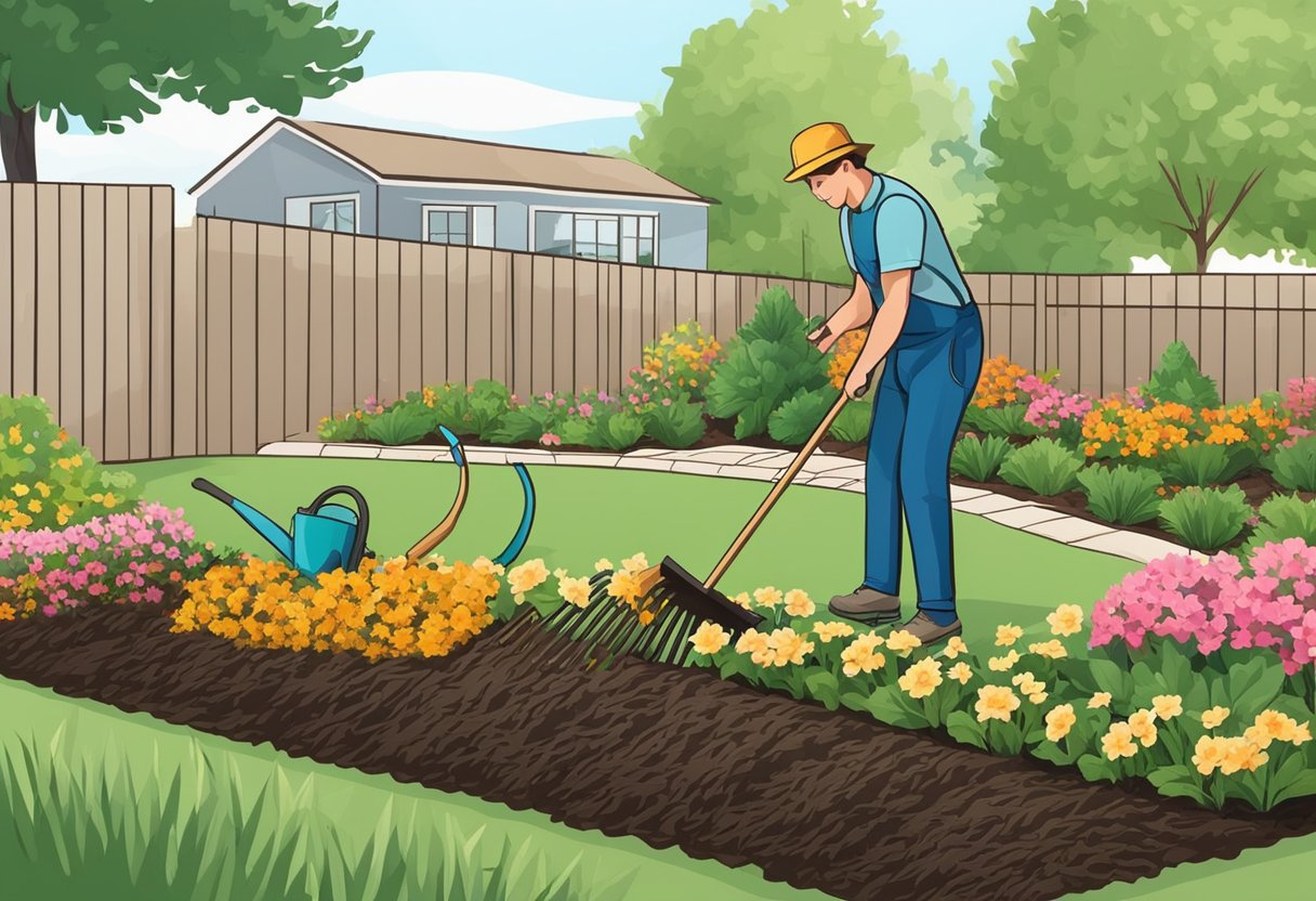 A gardener spreads mulch along the edges of flower beds with a rake
