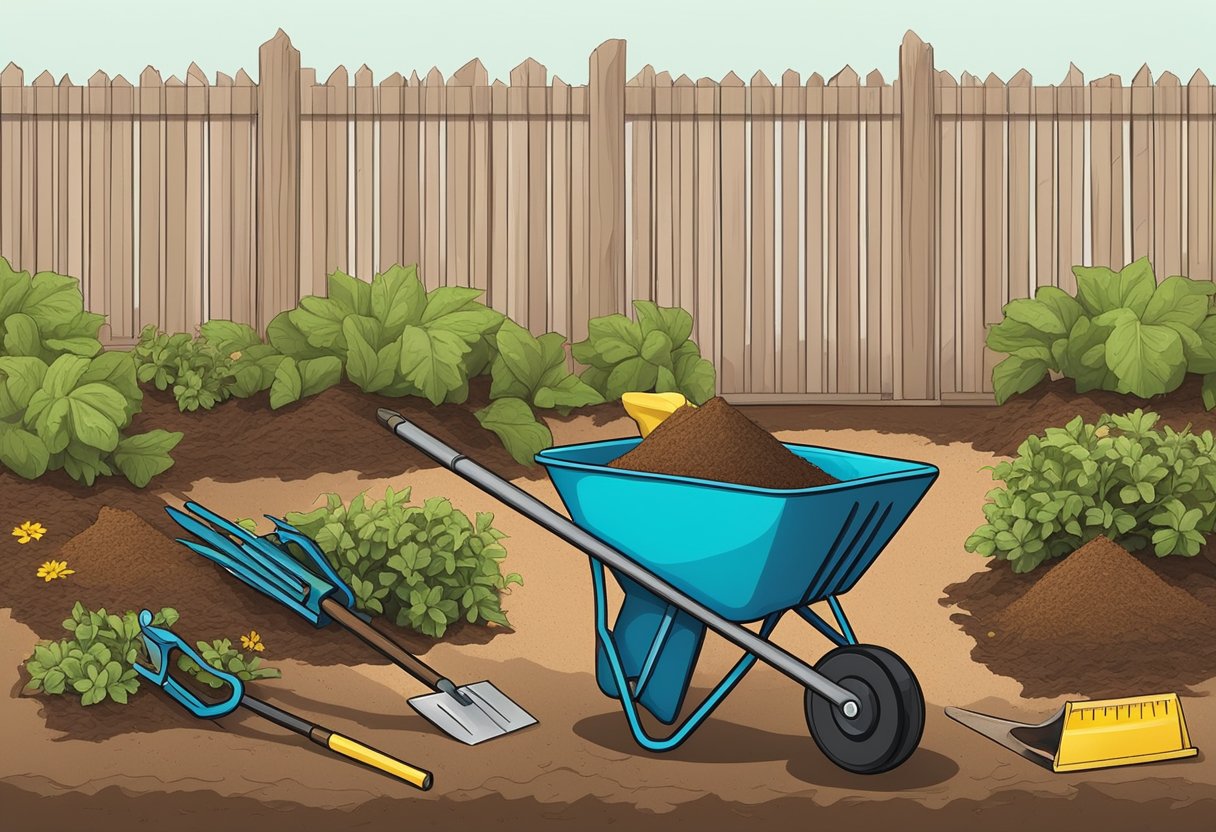 Gardening tools laid out near mulch beds, measuring tape and string used to mark edges, with a wheelbarrow filled with mulch in the background