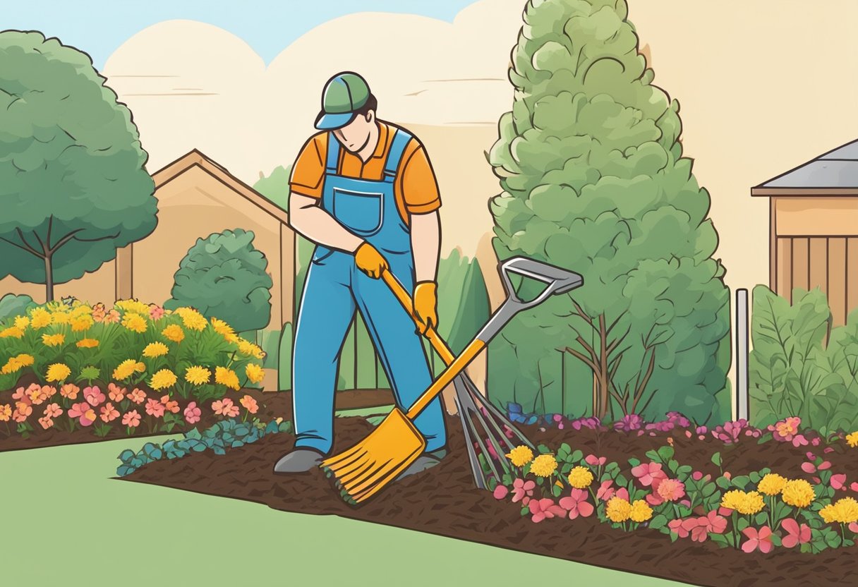A gardener edges a flower bed with a spade, then spreads mulch evenly with a rake