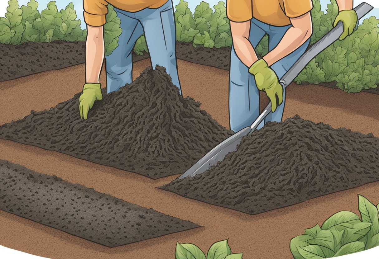 Mulch fungus spreads across damp, decaying organic matter. Illustrate a garden bed with moldy, discolored mulch. Show a gardener removing affected mulch and replacing it with dry, fresh material