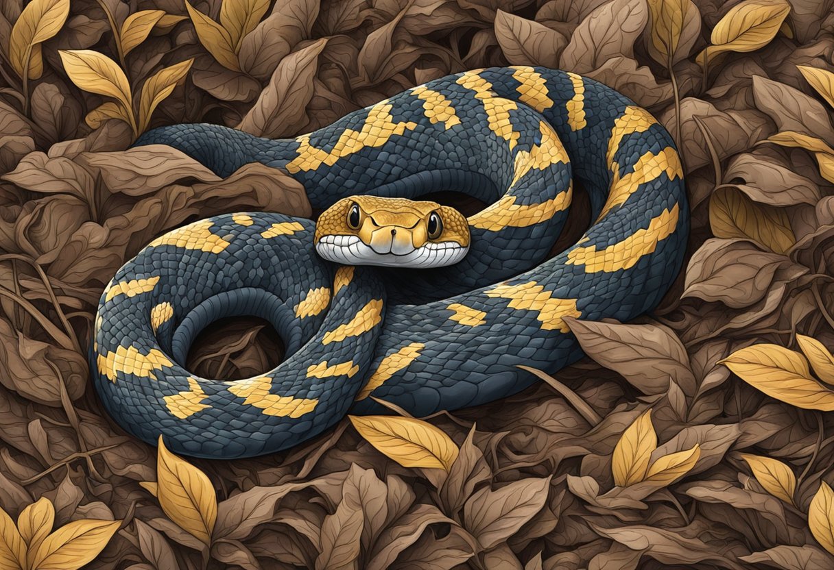 A snake slithers through a pile of mulch, flicking its tongue to taste the earthy scent