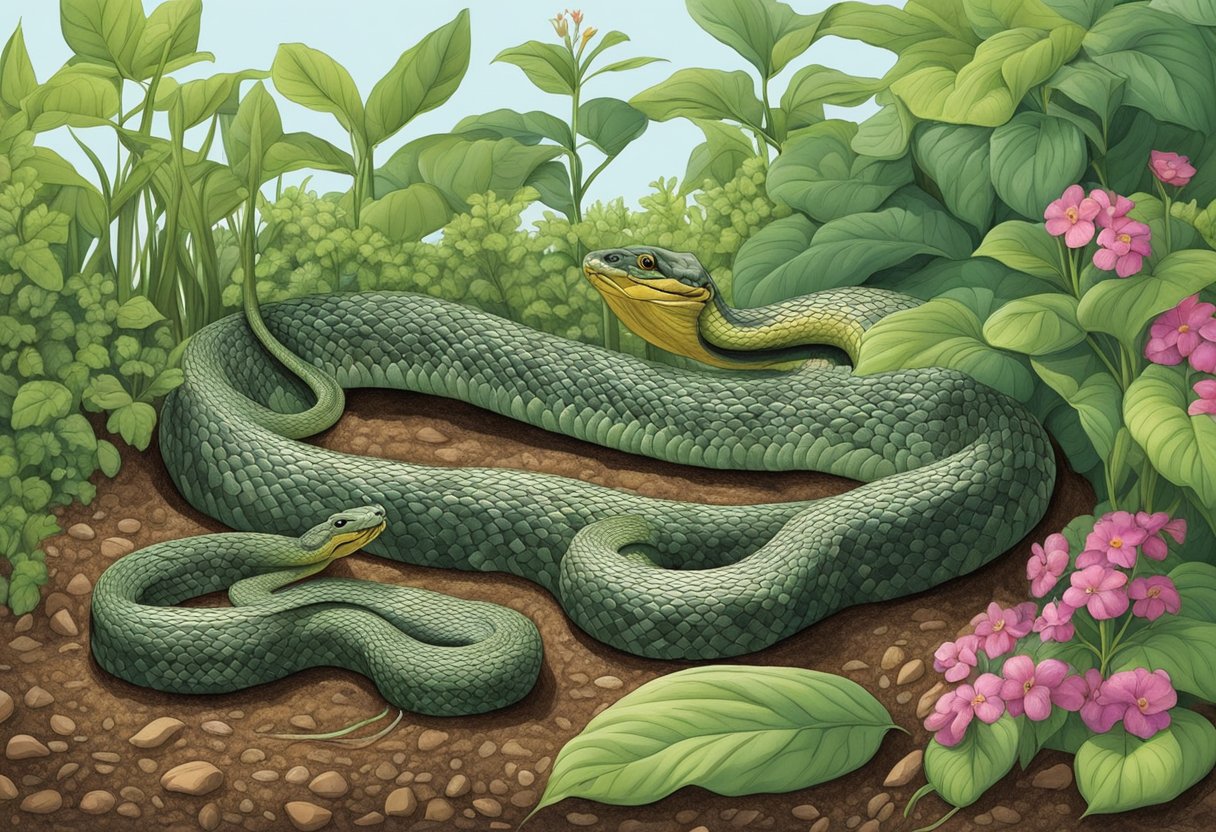 A snake slithers through a garden, investigating mulch piles for potential prey or shelter