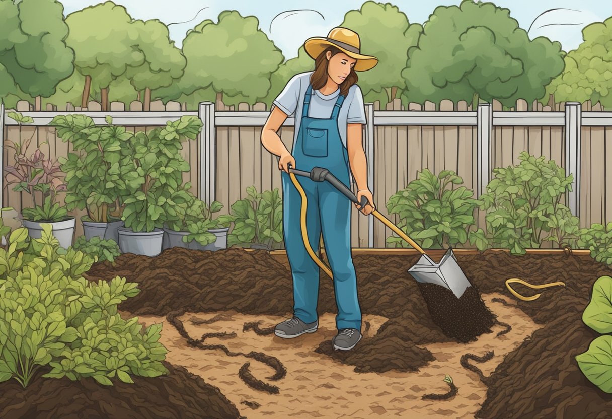 A person spreading mulch around garden beds while keeping an eye out for snakes