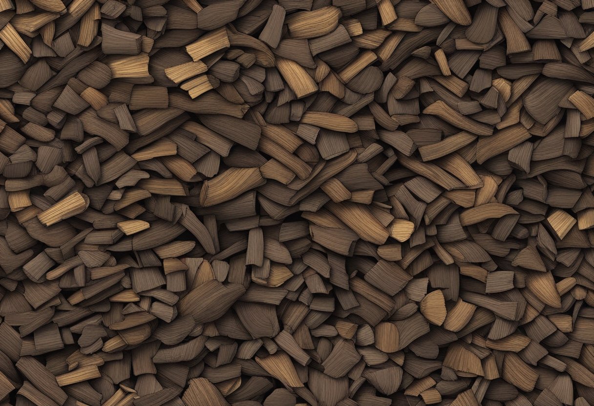 A pile of mulch and bark dust sit side by side, contrasting in color and texture. The mulch is dark and fine, while the bark dust is lighter and chunkier
