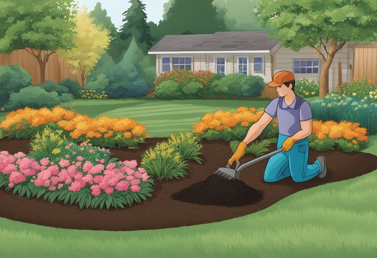 A gardener spreads mulch in a flower bed, while another lays down bark dust in a separate area. The different textures and colors of the two varieties create a visually striking contrast