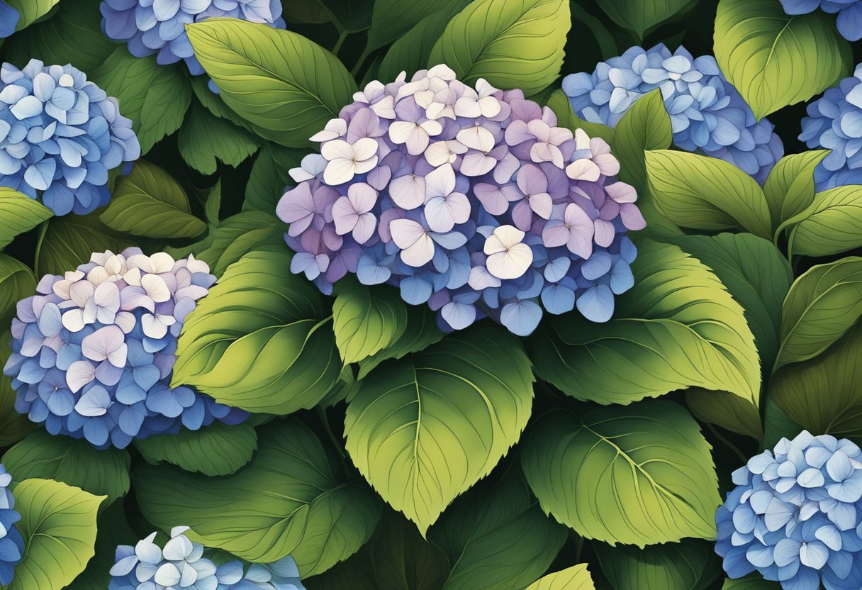 Hydrangeas surrounded by a layer of mulch, with rich brown color and texture, providing moisture and nutrients to the plants