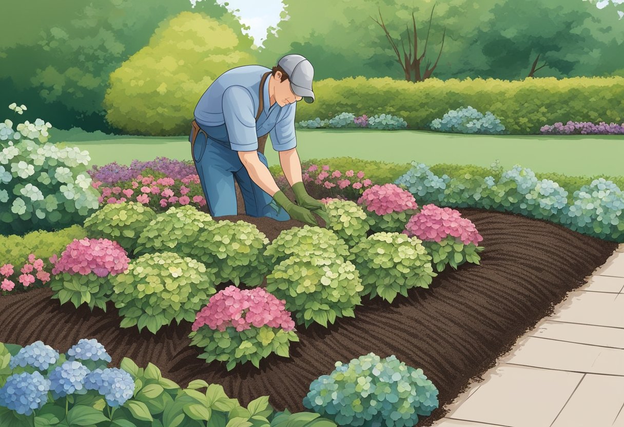 A gardener spreads mulch around hydrangea plants in a well-maintained garden bed. The mulch helps retain moisture and regulate soil temperature for optimal hydrangea care