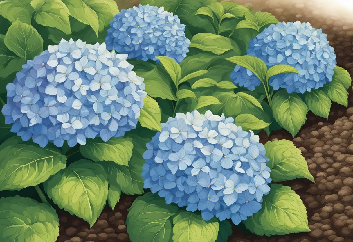 Hydrangeas surrounded by a layer of mulch, with the mulch spread evenly around the base of the plants to retain moisture and insulate the soil