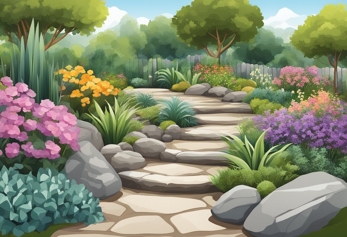 A garden with rocks instead of mulch, arranged in a natural and aesthetically pleasing manner, with various sizes and textures creating a visually interesting landscape