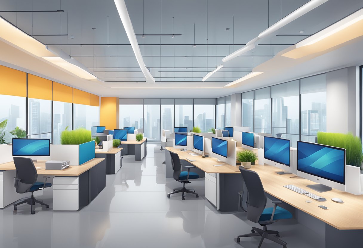 A modern office space with innovative technology and collaborative work areas