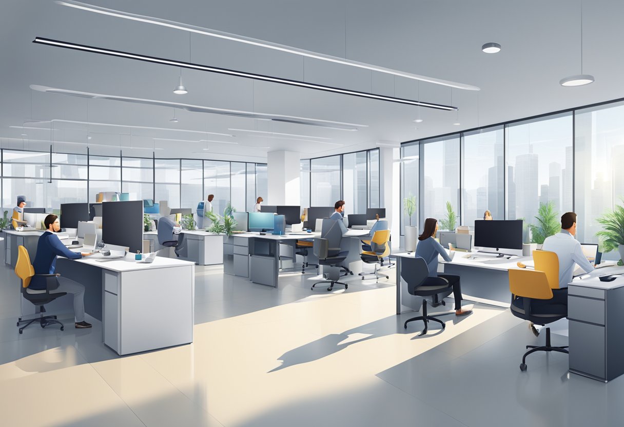 A bustling office space with modern technology and collaborative work areas, showcasing the implementation and operationalization of corporate innovation