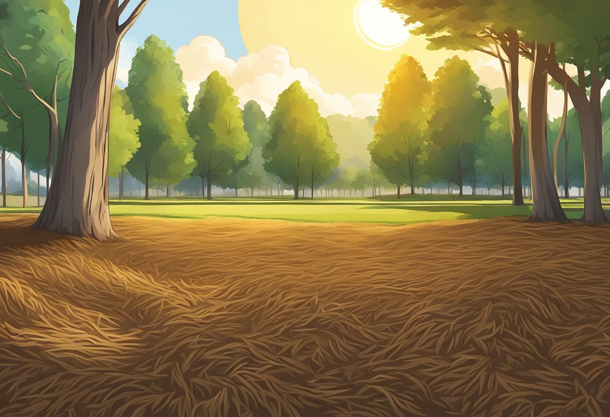 Landscape with cypress mulch spread around freshly laid sod, under a bright sun