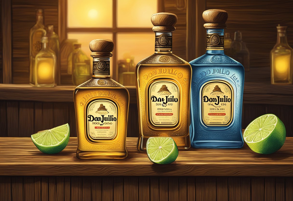 A bottle of Don Julio tequila sits on a rustic wooden bar, surrounded by sliced limes and salt. The warm glow of the bar's lights highlights the golden hue of the tequila