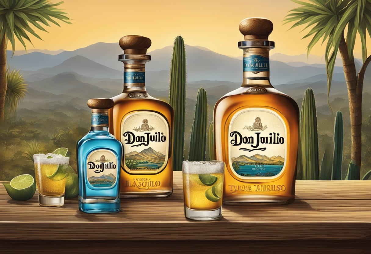 Bottles of Don Julio Tequila displayed on a rustic wooden bar, with a backdrop of agave plants and a traditional Mexican hacienda in the background